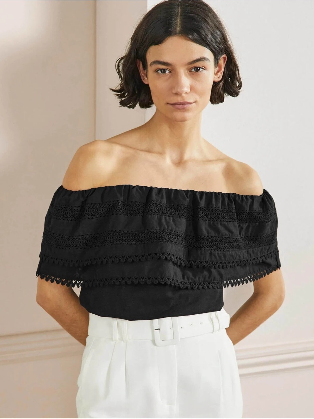Boden Black Bardot Lace Ruffle Off Shoulder Top
